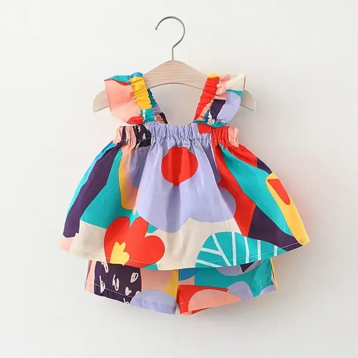 Ensemble de vêtements d'été pour bébés filles, haut à bretelles, couleur assortie, gilet à fleurs + 