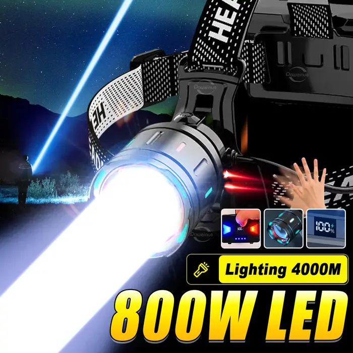 1000000LM lampe frontale puissante 800W Led capteur tête lampe de poche longue portée phare 18650 Re