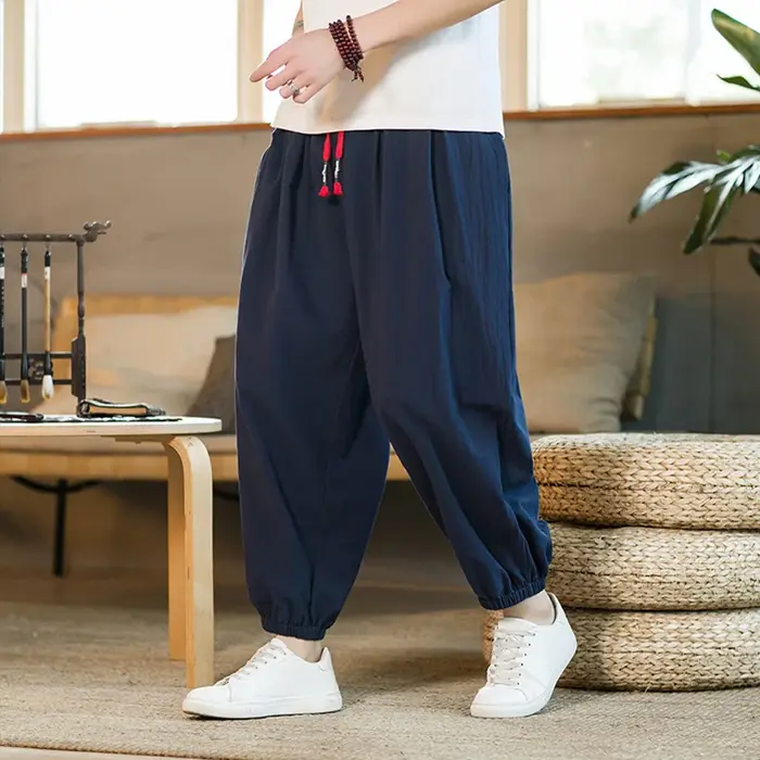 Pantalon décontracté japonais pour homme, en coton et chanvre, coupe ample avec cordon de serrage, s