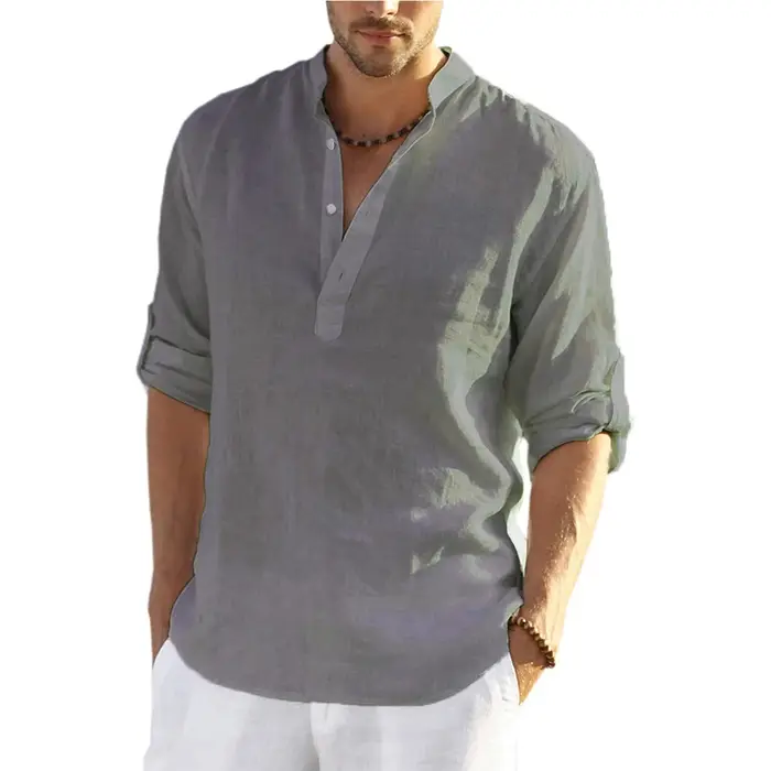 Nouveaux hommes Blouse décontractée coton lin chemise hauts amples à manches longues t-shirt printem