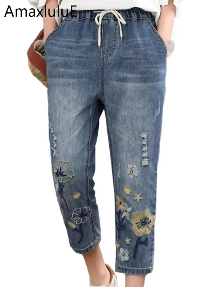 Amax luluE chinois été mode Style dames Vintage broderie jean femmes décontracté à fleurs Denim pant