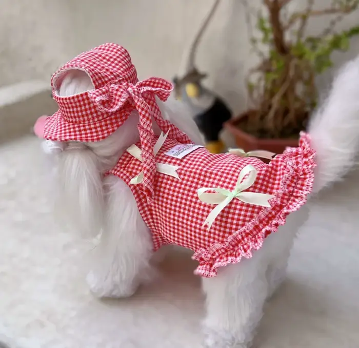 BULE EN STOCK ! Ensemble Robe et Chapeau pour Chien à Motif Écossais Adorable