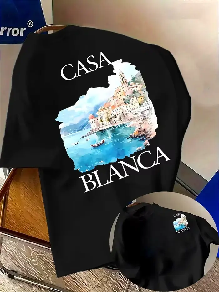 T-shirt graphique paysage côtier, imprimé vacances à la plage, mode décontractée, haut à manches cou