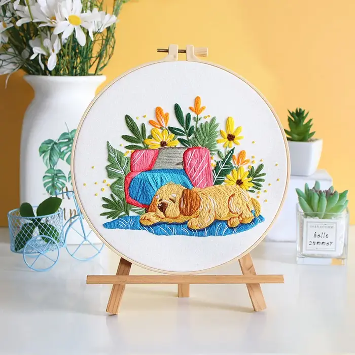 Kit de broderie chien mignon avec motif de fleurs, avec Instructions EN, fil, aiguille, tissu estamp