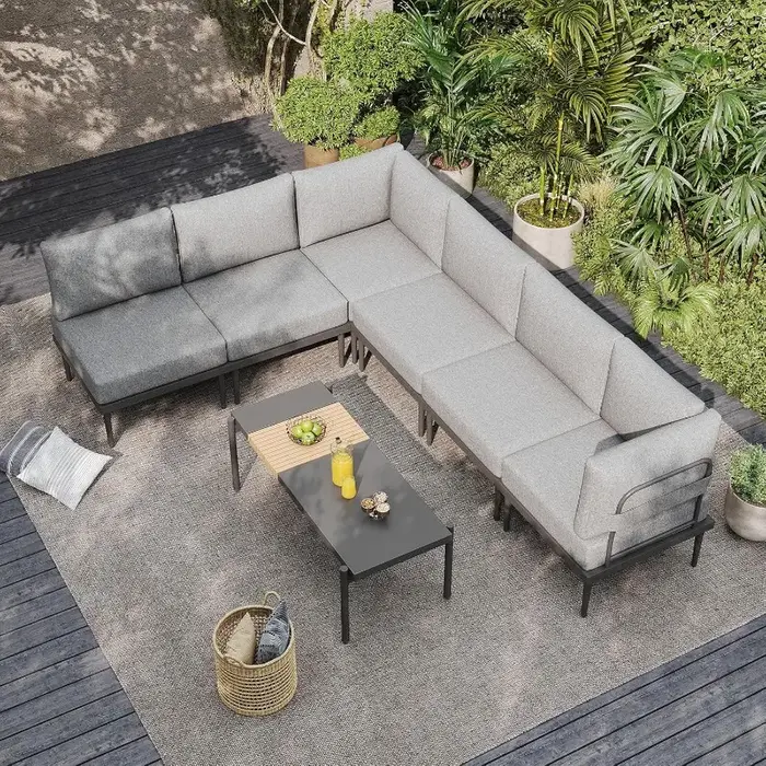 Ensemble de meubles de patio en métal 7 pièces, canapé sectionnel d'extérieur avec coussin en oléfin