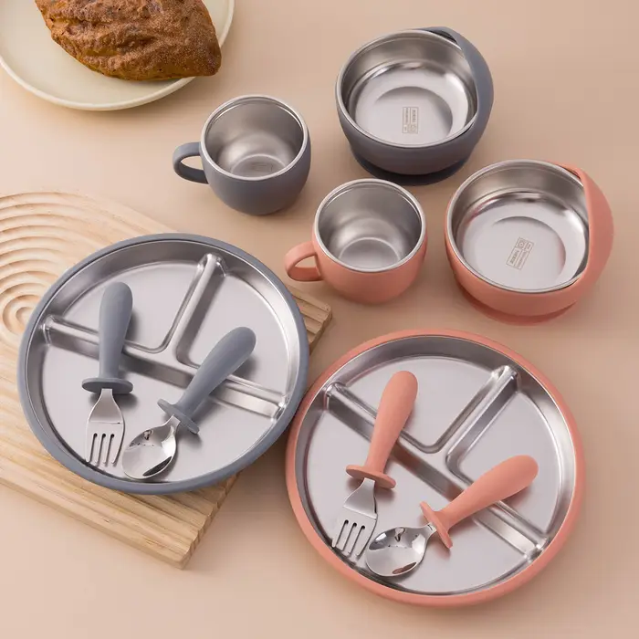 Assiettes à vaisselle en acier inoxydable, ensemble d'alimentation pour bébé avec bol à ventouse en 