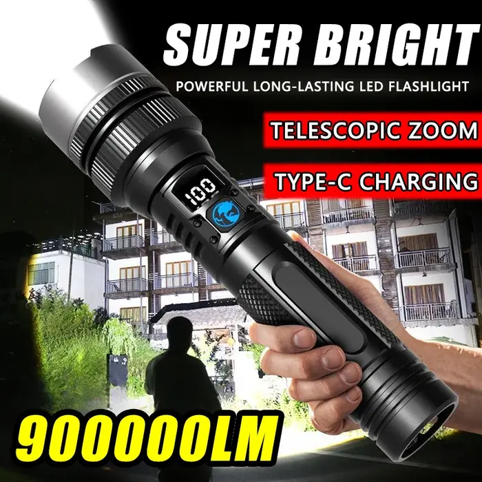 900000 LM lampe de poche LED puissante Zoom torche avec affichage numérique lampes de poche recharge