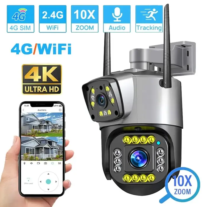 Caméra de surveillance 4G IP WiFi 8MP 4K double lentille pour extérieur avec zoom numérique
