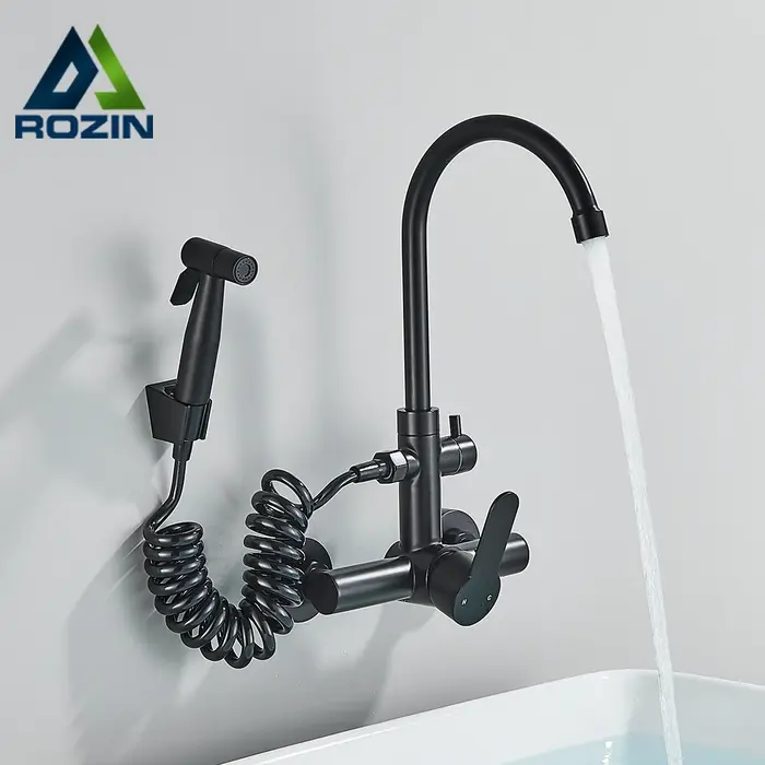 Robinet cuisine mural gourmet Rozin - Bidet extensible flexible noir SUS 304 - Mitigeur évier double trou