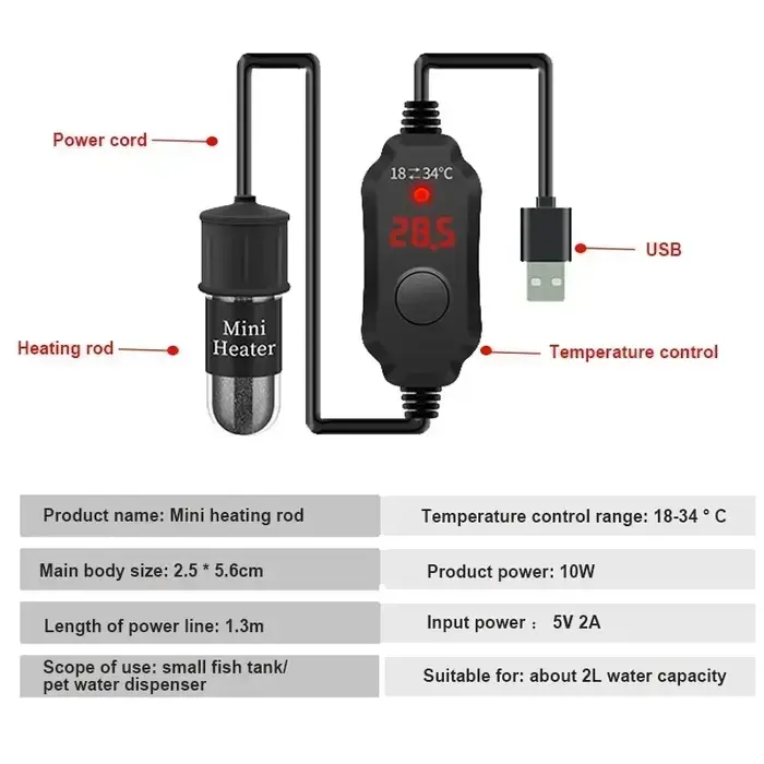 Betta – petit Aquecedor d'aquarium réglable 10W, chauffage Submersible pour Aquarium, 5V/2A, aliment