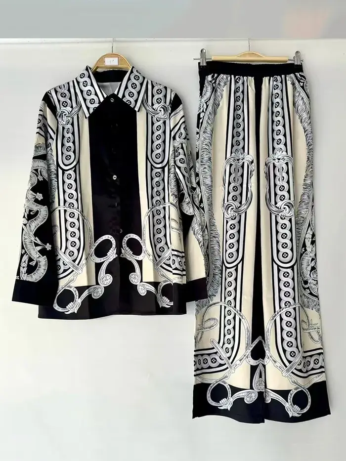 SuperAen – ensemble deux pièces pour femmes, chemise imprimée géométrique rétro, pantalon taille hau