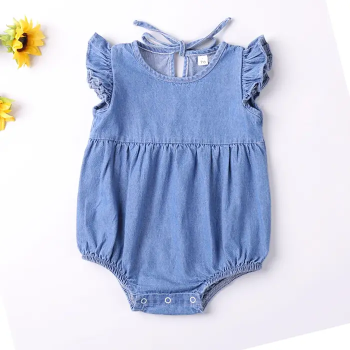 Barboteuse à volants pour bébés filles, barboteuse en coton et Denim, sans manches, body d'été, tenu