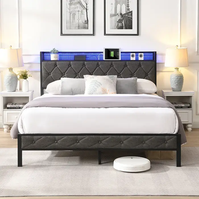 Cadre de lit King avec planche de sauna de rangement, station de charge et lumières LED, lit platefo