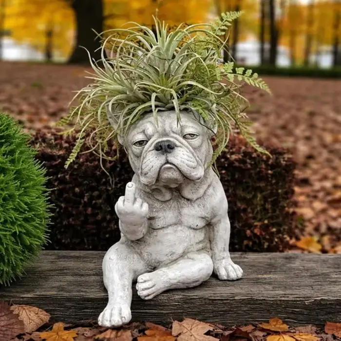 Pot de fleurs en résine en forme de bouledogue français avec doigt d'honneur pour succulentes et fleurs occasions spéciales décoration intérieure et extérieure