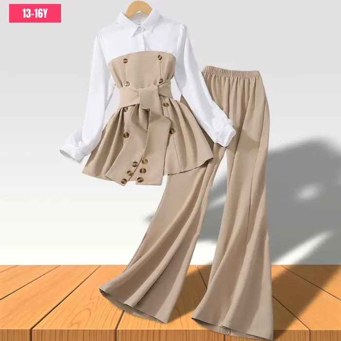Ensemble de vêtements pour adolescentes, manches longues, couleur unie, ceinture, costume pour enfan