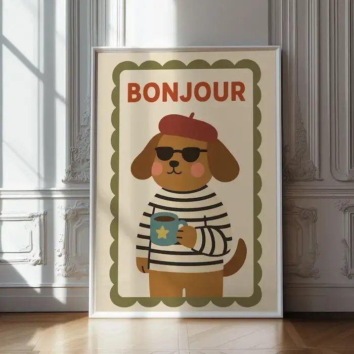 Bonjour Dog – Art mural pour pépinière, Illustration de chiot français, décor moderne pour chambre d