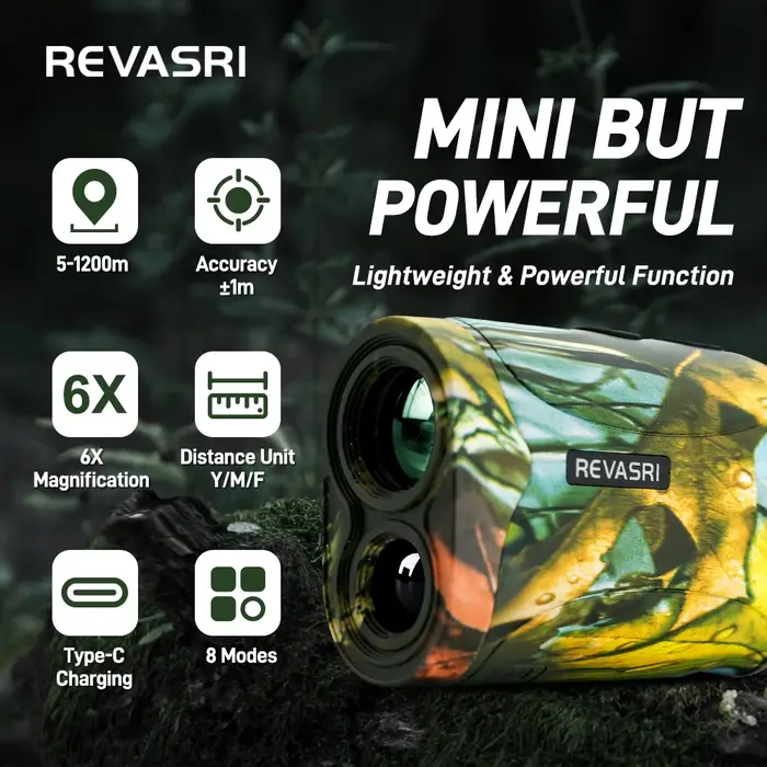 Télémètre de chasse REVASRI Mini 1200M pour chasseurs et golfeurs avec modes de mesure vertical/horizontal/vitesse/hauteur/compensation de pente pour le golf et recharge Type-C