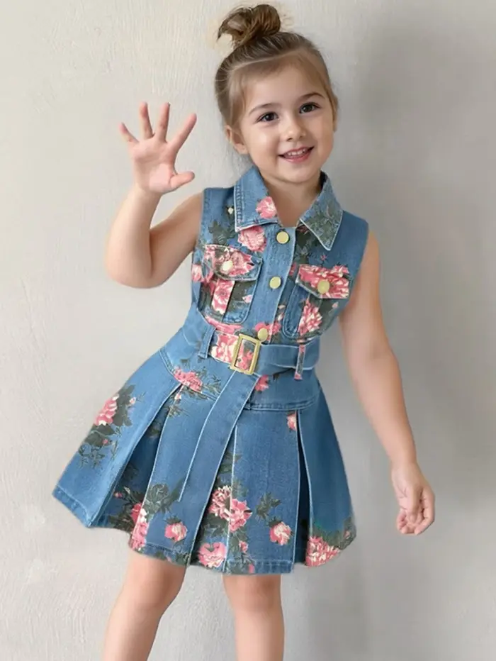 Robe d'été en jean pour filles – Col à imprimé floral et jupe trapèze ceinturée, robe de princesse d