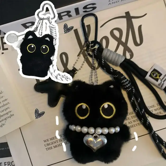 Porte-clés en peluche chat noir mignon, petit pendentif de voiture, chaton, jouet pour garçon et fil