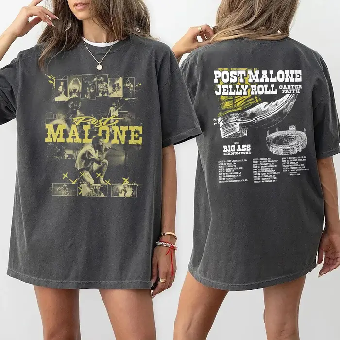 T-shirt 2026 « Super Stadium Tour », T-shirt de concert réversible Post Malone Jelly Roll, T-shirt s