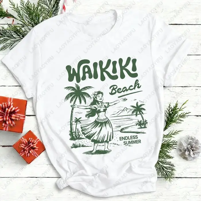 Waikiki chemise de plage Hawaii graphique T-Shirt Hula Girl Vintage île T-Shirt sans fin été vacances tropicales T-Shirt coton t-shirts