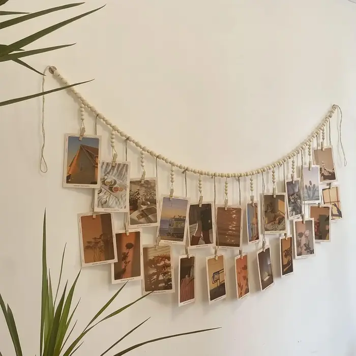 Présentoir de photos suspendu, guirlande de perles en bois, style Boho, tenture murale pour chambre 