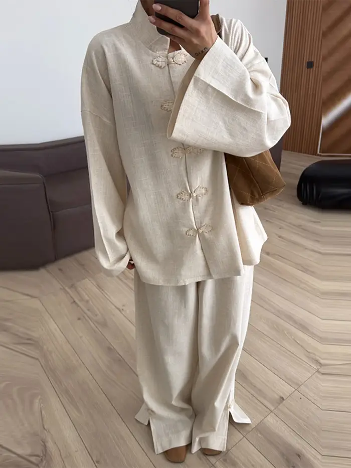 Ensemble pantalon long femme style chinois chic avec boutons grenouille, manteau à col montant simpl