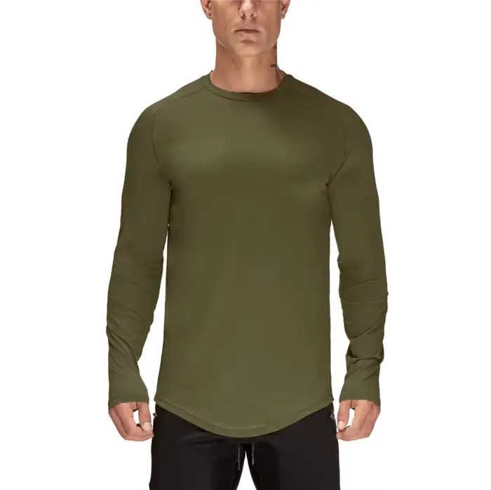T-shirt de Fitness en maille unie à séchage rapide pour hommes, T-shirt à manches longues extensible