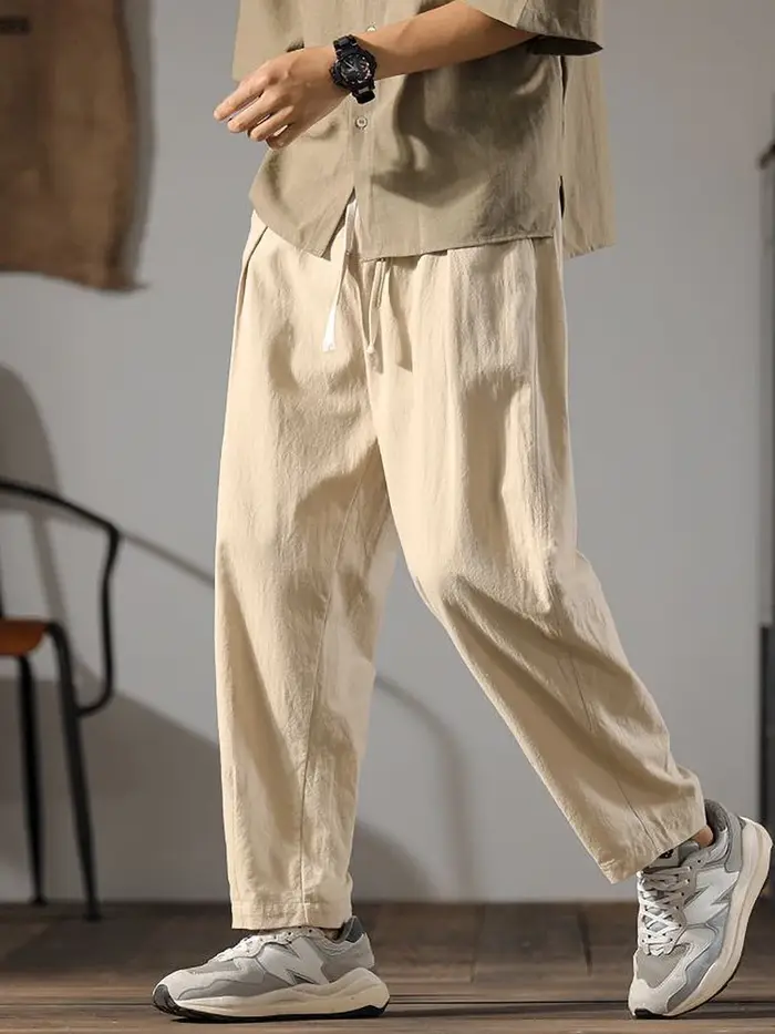 ENESE − Pantalon en coton et lin pour hommes, survêtement, coupe droite, décontracté, à jambes large