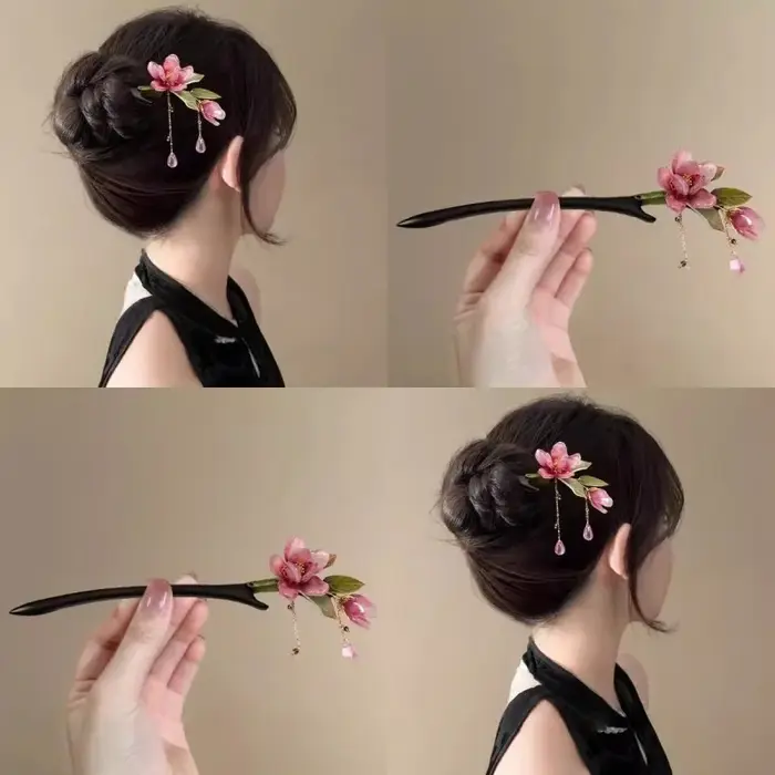 Épingle à cheveux florale de Style chinois, pompon de fleur rose, accessoire de cheveux élégant Hanf