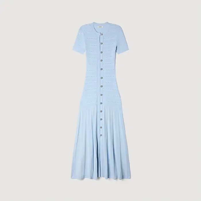 Robe Midi Chic et Élégante en Maille, Manches Courtes, Boutonnée, Côtelée, Coupe Moulante, Évasée, L