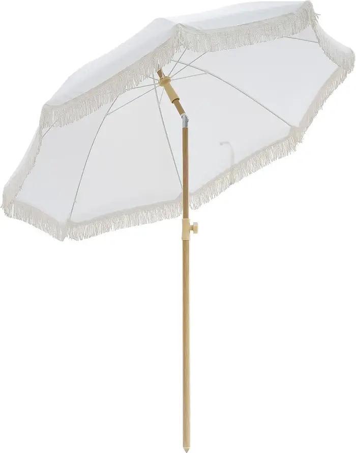 Parasol Bohème de 6,5 pieds avec franges, protection UPF50+, design inclinable pour la plage et les 