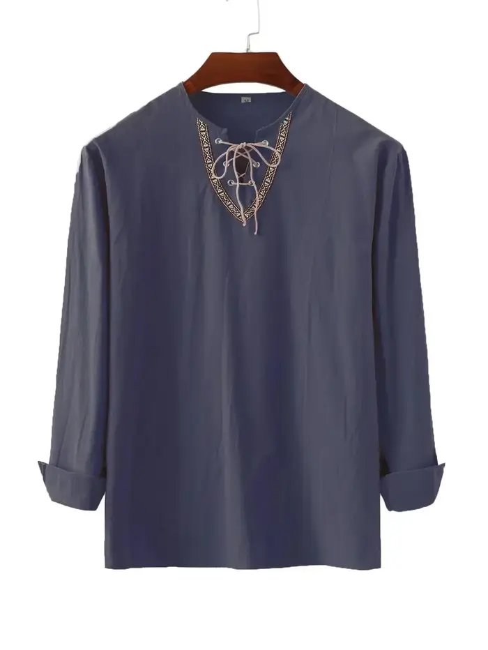 Chemise Vikings en coton et lin pour hommes, hauts à lacets, manches longues, col en V, Costume médi