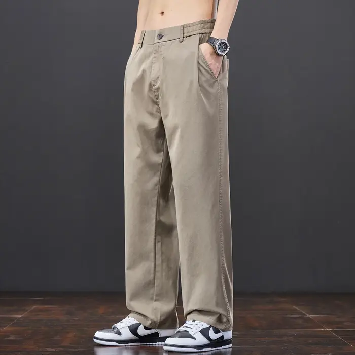 Pantalon décontracté homme en tissu Lyocell, coupe droite ample, gris clair kaki, taille élastique, 
