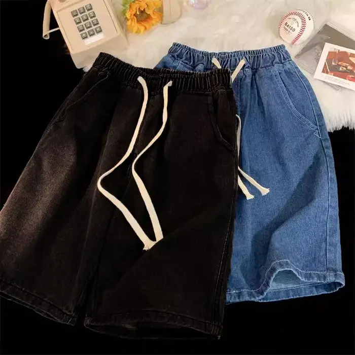 Jean noir Vintage Y2k pour hommes, pantalon large décontracté taille basse, short en jean porté, vêt