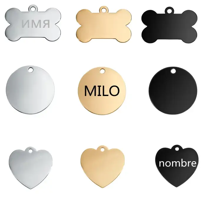 Étiquette d'identification de chien en acier inoxydable, gravée de nom et numéro de téléphone, personnalisée avec forme de patte, disponible en plusieurs couleurs et tailles pour animaux de compagnie
