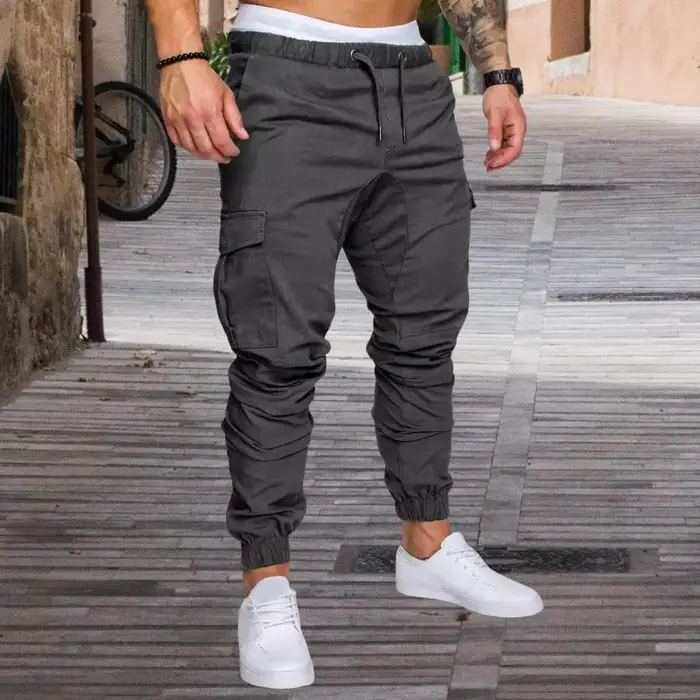 Pantalon cargo homme coton chevillière poches multiples taille élastique gym training outdoor confort