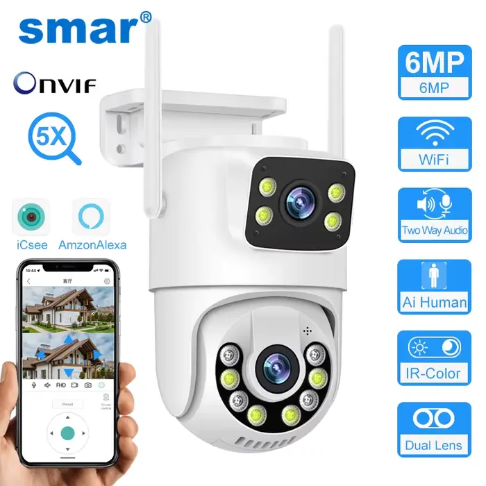 Caméra sécurité PTZ double objectif Smar 6MP - Audio bidirectionnel auto-tracking - Surveillance WiFi extérieure