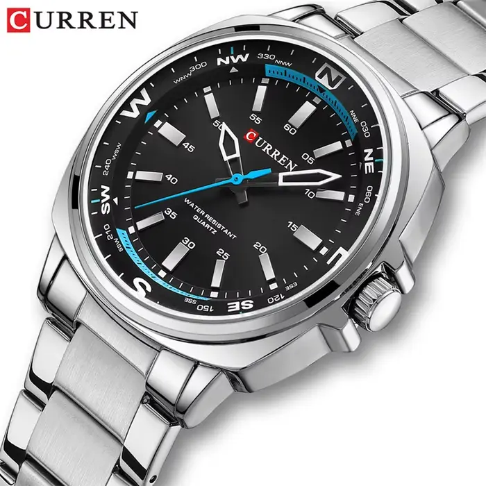 Montre homme CURREN 8455 quartz argentée - Cadran noir acier inoxydable - Style affaires et loisirs