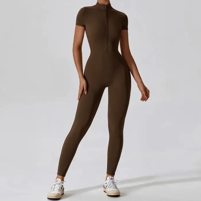 Ensemble de Yoga, combinaisons une pièce pour femmes, fermeture éclair, manches courtes, vêtements d