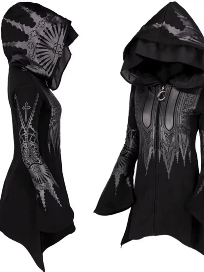 Street Goth Style Punk noir Long haut à capuche Harajuku rétro foncé Grunge Y2K imprimer sweats 2022 nouveau automne