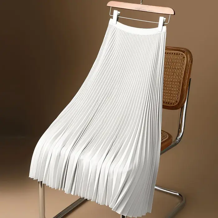 Jupe mi-longue plissée taille haute pour femme, jupe trapèze, jupe longue, satin lisse, ceinture éla