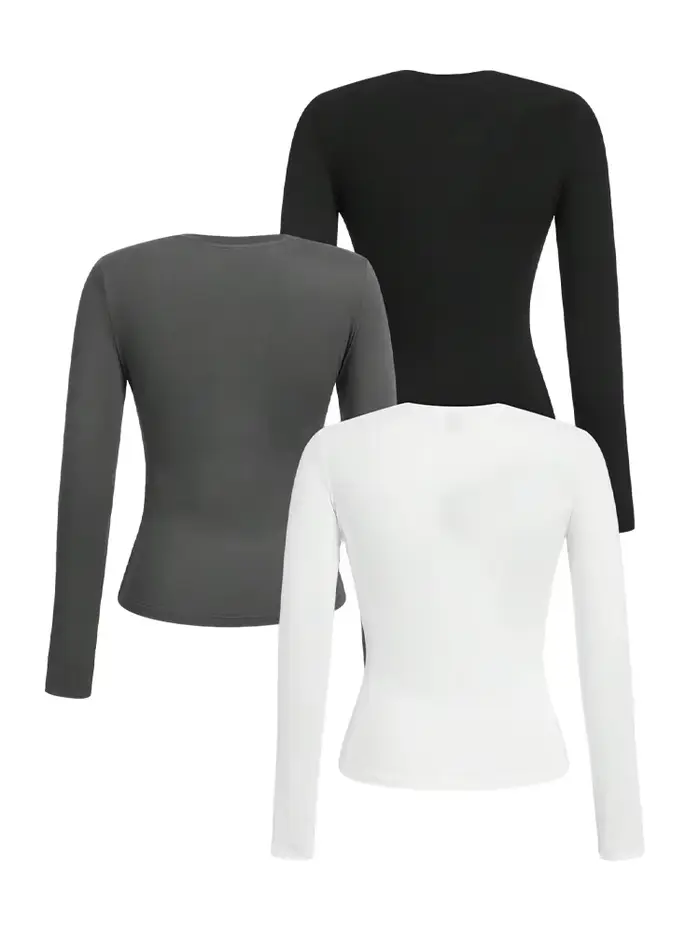 T-shirt femme manches longues couleur unie - Tissu tricoté polyester, col rond, coupe régulière, sty
