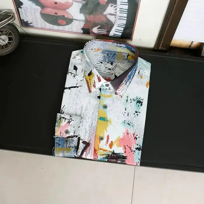 Chemise en polyester pour homme 2026 avec imprimé graffiti, manches longues, coupe ajustée, streetwe