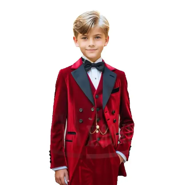 Costume de Cérémonie en Velours pour Garçons, 3 Pièces, Croisé à Trois Boutons, Revers Cranté, Tenue