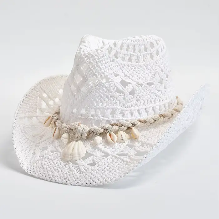 Chapeau de paille tissé à la main d'été pour femmes, décoration de coquille, chapeau de soleil de pl