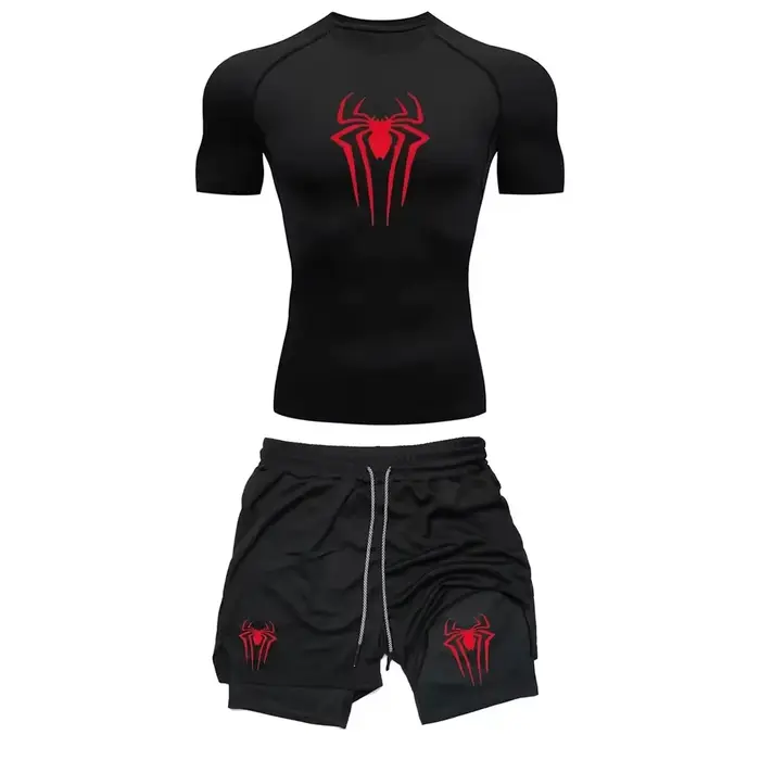 Ensemble de Compression d'entraînement pour hommes, t-shirt de gymnastique imprimé araignée Y2K, sho