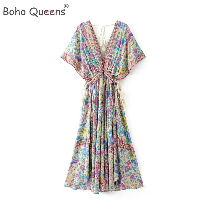 Robe bohème maxi femme été imprimée paon manches chauve-souris décolleté V plumes plage