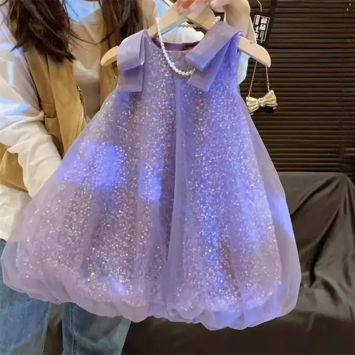 Robe d'été en dentelle à paillettes pour filles, tenue de princesse à bulles, avec nœud, Version cor
