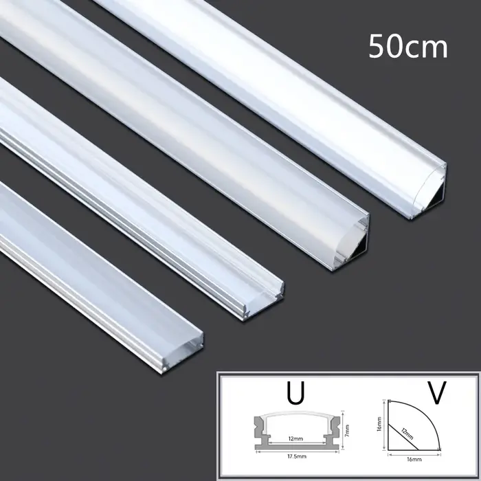 Canal en aluminium LED 0.5m pour bande LED 3528 5630 5050, forme U/V, couvercle blanc laiteux/couver